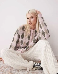 Reclaimed Vintage Boxy Cardigan In Argyle Print For Women Pink