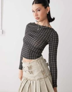 Reclaimed Vintage Slash Neck Long Sleeve Top In Mini Check Print For Women Black Check