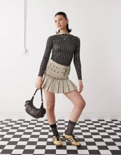 Reclaimed Vintage Slash Neck Long Sleeve Top In Mini Check Print For Women Black Check -Closet Theory Her 208145697 3