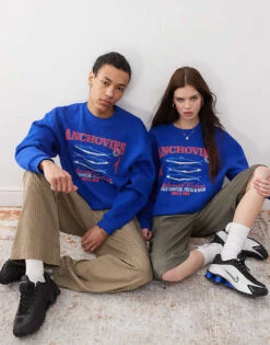 Reclaimed Vintage Unisex Cropped Boxy Sweatshirt With Fisherman Print In Blue For Unisex -Closet Theory Her 208170665 1 blue 1