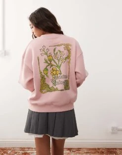 Reclaimed Vintage Sweatshirt With Gothic Floral Print In Pink For Women