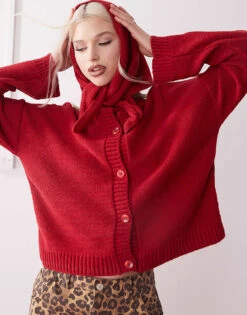 Reclaimed Vintage Boxy Cardigan With Triangle Scarf Set In Cherry Red For Women