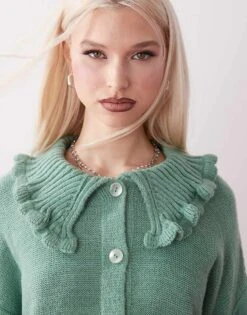 Reclaimed Vintage Frill Collar Detail Cardigan For Women Khaki -Closet Theory Her 208174351 4