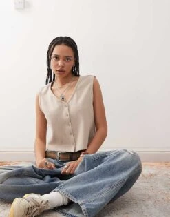 Reclaimed Vintage Super Soft Rib Button Through Waistcoat In Beige For Women -Closet Theory Her 208178609 1 beige 1