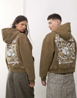 Reclaimed Vintage Unisex Boxy Hoodie With Back Graphic In Khaki For Unisex