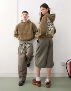 Reclaimed Vintage Unisex Boxy Hoodie With Back Graphic In Khaki For Unisex -Closet Theory Her 208186345 3