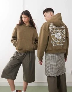 Reclaimed Vintage Unisex Boxy Hoodie With Back Graphic In Khaki For Unisex -Closet Theory Her 208186345 4