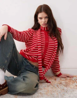 Reclaimed Vintage Knitted Stripe Cardigan With Stripe In Cream And Red For Women Red Stripe -Closet Theory Her 208210432 1 redstripe 1