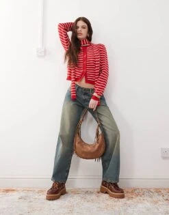 Reclaimed Vintage Knitted Stripe Cardigan With Stripe In Cream And Red For Women Red Stripe -Closet Theory Her 208210432 2