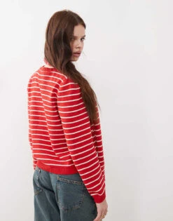 Reclaimed Vintage Knitted Stripe Cardigan With Stripe In Cream And Red For Women Red Stripe -Closet Theory Her 208210432 4