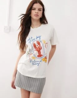 Reclaimed Vintage Lobster Dinner Print Oversized T-shirt In White For Women