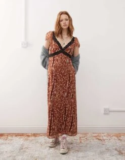 Reclaimed Vintage Lace Mix Maxi Dress In Deer Print For Women Brown