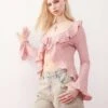 Reclaimed Vintage Long Sleeve Ruffle Tie Front Textured Top In Pink For Women -Closet Theory Her 208218223 1 pink