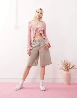 Reclaimed Vintage Long Sleeve Ruffle Tie Front Textured Top In Pink For Women -Closet Theory Her 208218223 2