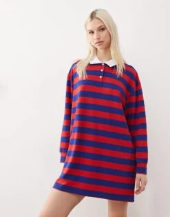 Reclaimed Vintage Polo Collar Mini Dress In Stripe For Women Navy -Closet Theory Her 208220471 1 navy 1