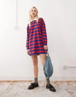 Reclaimed Vintage Polo Collar Mini Dress In Stripe For Women Navy -Closet Theory Her 208220471 3