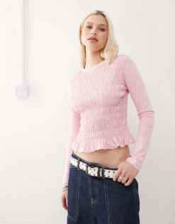 Reclaimed Vintage Shirred Long Sleeve Top In Pink For Women -Closet Theory Her 208231274 1 pink 1