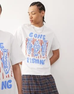 Reclaimed Vintage Unisex Fisherman Graphic T-shirt In White For Unisex -Closet Theory Her 208231277 3