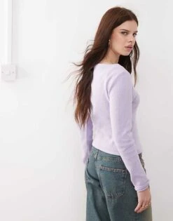 Reclaimed Vintage Ribbed Button Through Top In Lilac For Women -Closet Theory Her 208232340 3