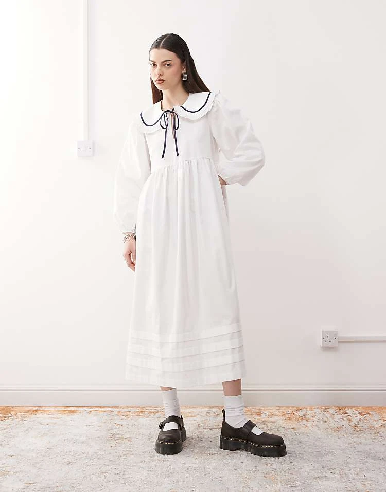 Reclaimed Vintage Frill Collar Midi Smock Dress In White Poplin For Women 7 Reclaimed Vintage Frill Collar Midi Smock Dress In White Poplin For Women - Image 5