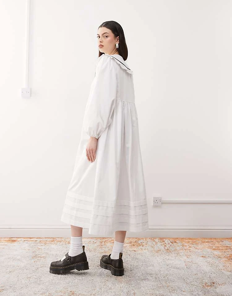 Reclaimed Vintage Frill Collar Midi Smock Dress In White Poplin For Women 5 Reclaimed Vintage Frill Collar Midi Smock Dress In White Poplin For Women - Image 3