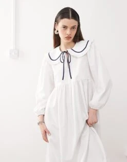 Reclaimed Vintage Frill Collar Midi Smock Dress In White Poplin For Women 10 Reclaimed Vintage Frill Collar Midi Smock Dress In White Poplin For Women -Closet Theory Her 208234836 4