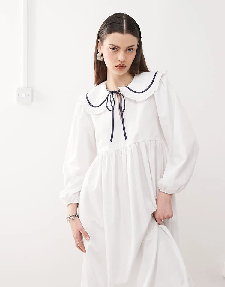 Reclaimed Vintage Frill Collar Midi Smock Dress In White Poplin For Women 6 Reclaimed Vintage Frill Collar Midi Smock Dress In White Poplin For Women - Image 4