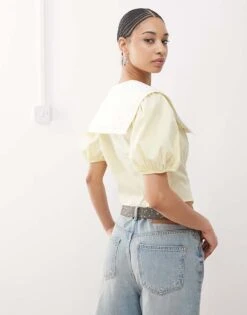 Reclaimed Vintage Cinched In Sailor Collar Blouse In Buttermilk Yellow For Women -Closet Theory Her 208234903 4