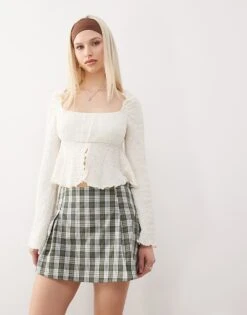 Reclaimed Vintage Mini Skort In Green Check For Women -Closet Theory Her 208244343 5