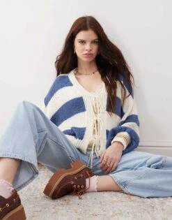 Reclaimed Vintage Slouchy Tie Front Cardigan In Navy Stripe For Women