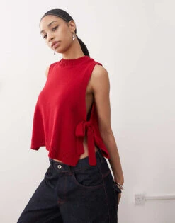 Reclaimed Vintage Knitted Layering Tank With Tie Sides In Cherry Red For Women -Closet Theory Her 208263809 1 red 1