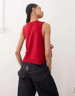 Reclaimed Vintage Knitted Layering Tank With Tie Sides In Cherry Red For Women -Closet Theory Her 208263809 4