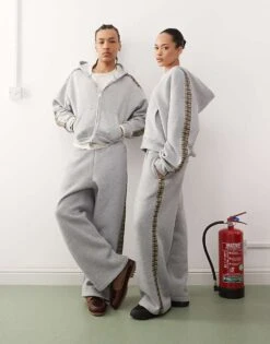 Reclaimed Vintage Unisex Check Side Stripe Wide Leg Jogger In Grey Marl For Unisex -Closet Theory Her 208263815 1 greymarl 1