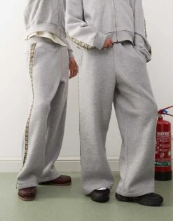 Reclaimed Vintage Unisex Check Side Stripe Wide Leg Jogger In Grey Marl For Unisex -Closet Theory Her 208263815 2