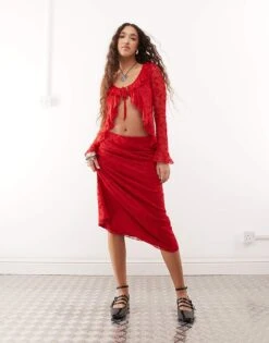 Reclaimed Vintage Flocked Mesh Co-ord In Cherry Red -Closet Theory Her 208269398 1 red 1