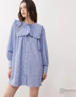 Reclaimed Vintage Mini Smock Dress With Oversized Collar In Blue Stripe For Women -Closet Theory Her 208269399 1 bluestripe 1