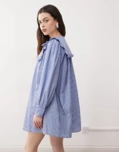 Reclaimed Vintage Mini Smock Dress With Oversized Collar In Blue Stripe For Women -Closet Theory Her 208269399 4