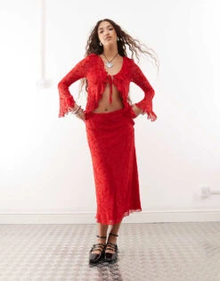 Reclaimed Vintage Flocked Mesh Co-ord In Cherry Red