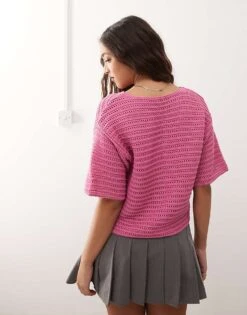 Reclaimed Vintage High V Neck Boxy Short Sleeve Cardigan In Pink For Women -Closet Theory Her 208297775 4