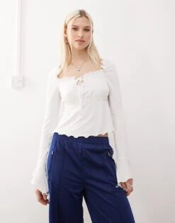 Reclaimed Vintage Flared Sleeve Lace Trim Blouse In Ecru For Women Cream -Closet Theory Her 208302088 1 cream 1