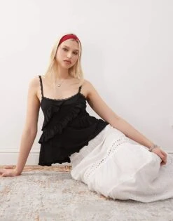 Reclaimed Vintage Ruffle Lace Trim Cami Top In Black For Women -Closet Theory Her 208302100 1 black 1