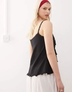 Reclaimed Vintage Ruffle Lace Trim Cami Top In Black For Women -Closet Theory Her 208302100 4