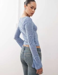 Reclaimed Vintage Zebra Burnout Flare Sleeve Top In Blue For Women -Closet Theory Her 208324920 4