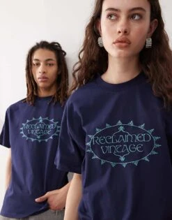 Reclaimed Vintage Unisex Embroidered Oversized T-shirt In Navy For Unisex -Closet Theory Her 208326818 1 navy 1