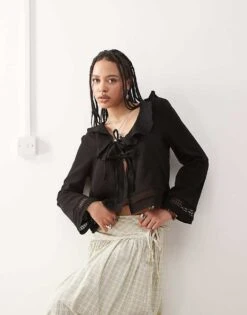 Reclaimed Vintage Frill Neck Boho Top With Fluted Sleeves For Women Black