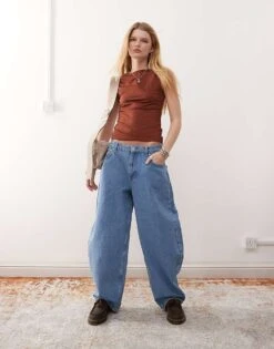 Reclaimed Vintage Barrel Leg Studded Jeans In Mid Wash Blue For Women