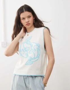 Reclaimed Vintage Knitted Tank With Fish Print In White And Aqua Blue For Women