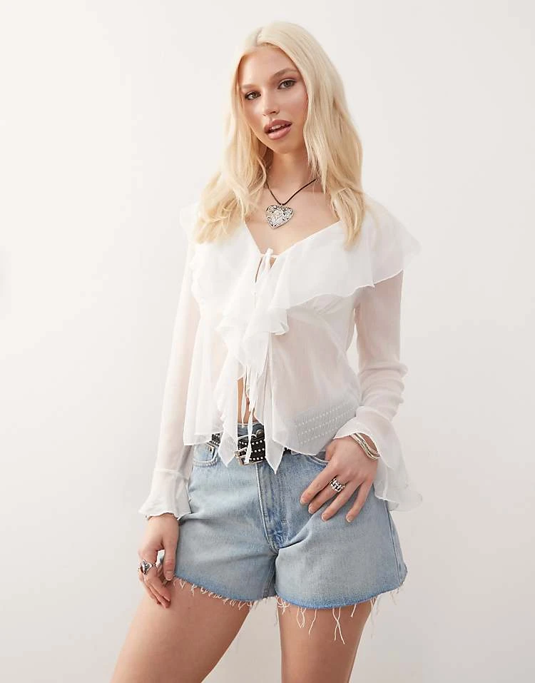 Reclaimed Vintage Tie Front Boho Blouse With Ruffles In White For Women Ivory 7 Reclaimed Vintage Tie Front Boho Blouse With Ruffles In White For Women Ivory - Image 5