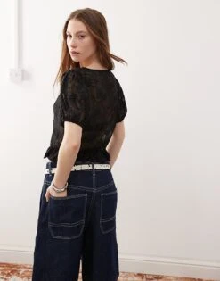 Reclaimed Vintage Cotton Lace Insert Tie Front Blouse In Black For Women -Closet Theory Her 208359296 4