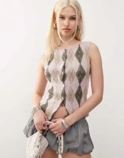Reclaimed Vintage Button Through Vest In Argyle Print For Women Pink -Closet Theory Her 208366937 1 pink 1
